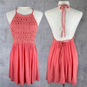 Y2K Charlotte Russe Pink Crochet Halter Dress Womens Size Large Babydoll USA